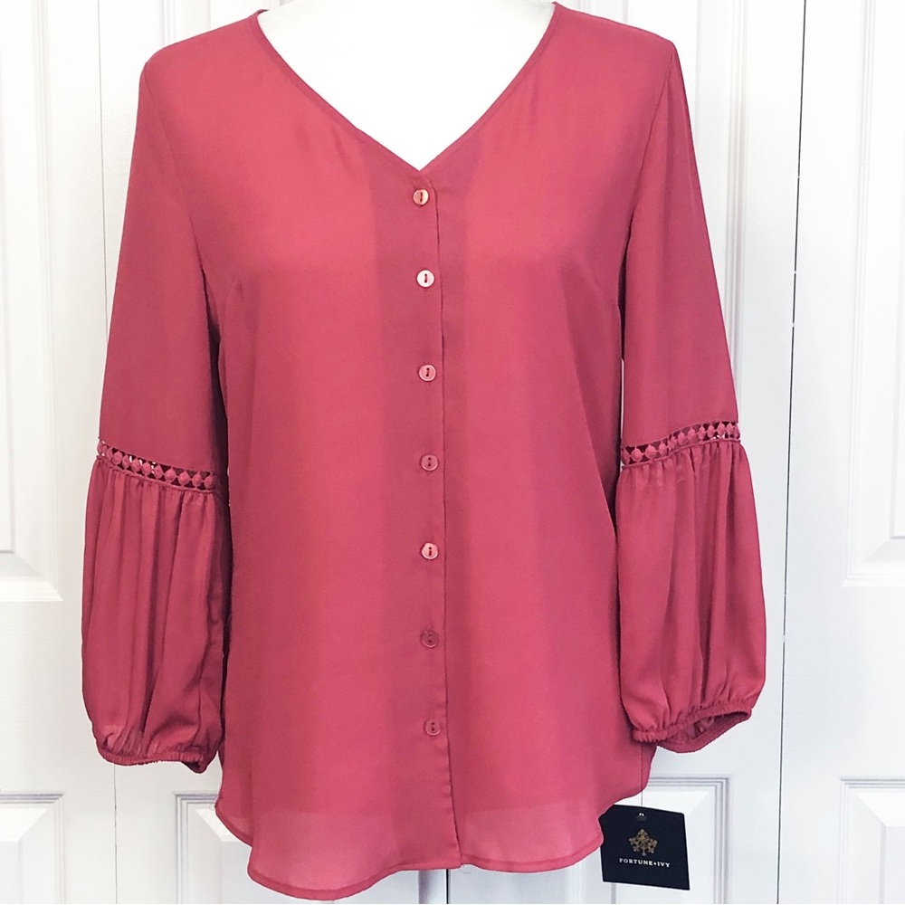 NWT Fortune + Ivy Dark Pink Mixed Media Button Down Blouse Small